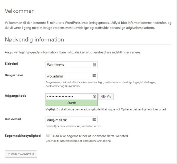 Indtast WordPress info